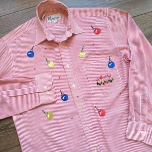Vtg Mili Designs Holiday Christmas Ornament Button Down Shirt Red Stripes S
